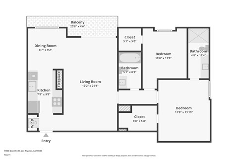 Floor plan for 2 beds, 2 baths, 1100 sqft